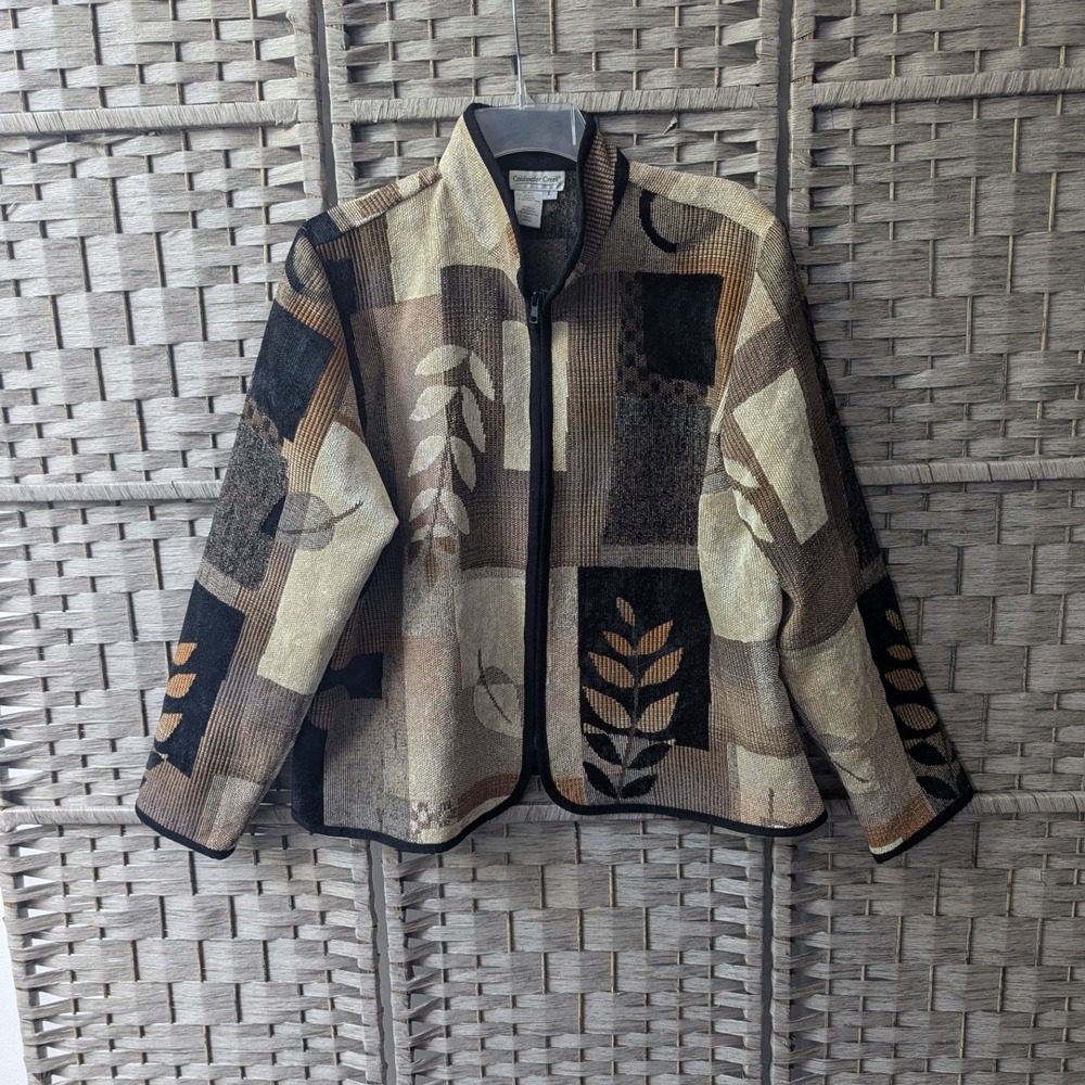 Coldwater Creek Jacket Brown Tapestry Woven Leaf Zip Up Sz L Quiet Luxury Artsy